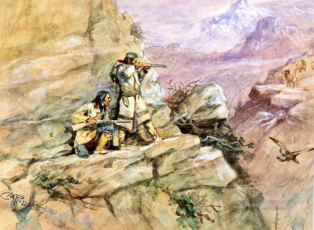 chasse aux moutons à gros cornes 1898 Charles Marion Russell Indiens d’Amérique Peintures à l'huile